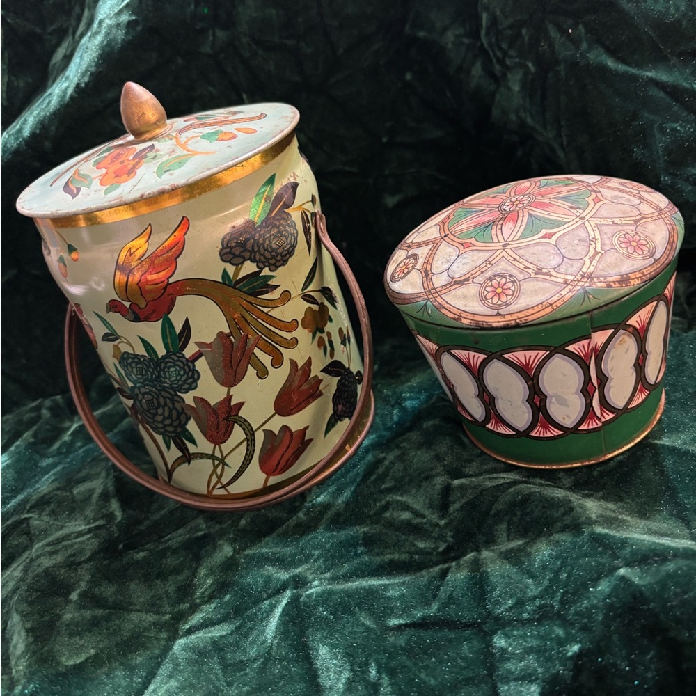 Set of 2 Vintage Tins English and Brazilian MCM
Green Tones Both Lidded